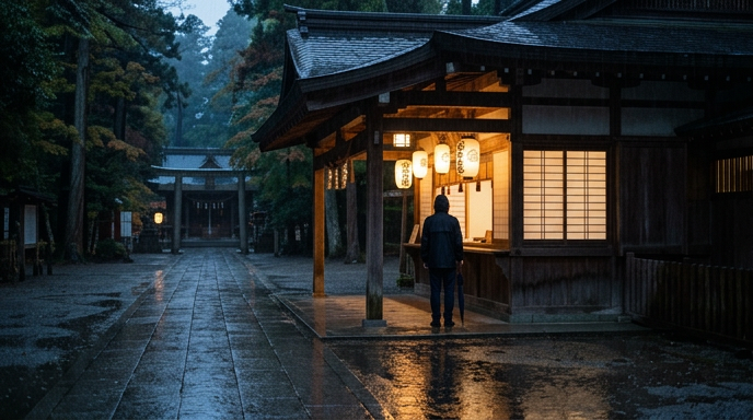 雨の日の社務所の軒先と灯り