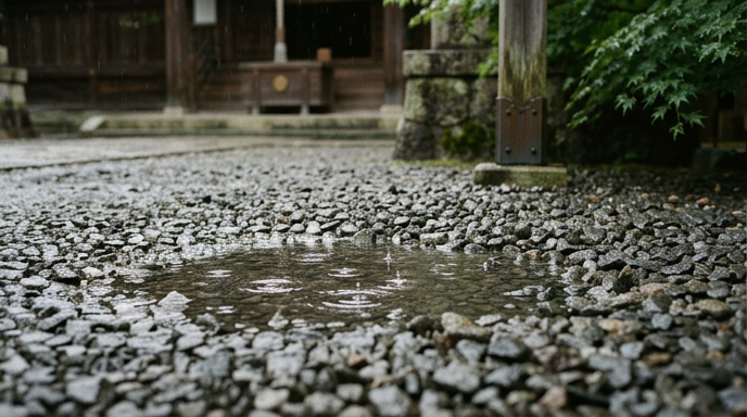 雨に濡れた境内の玉砂利