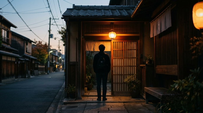 夕暮れの玄関先で耳を澄ませる後ろ姿