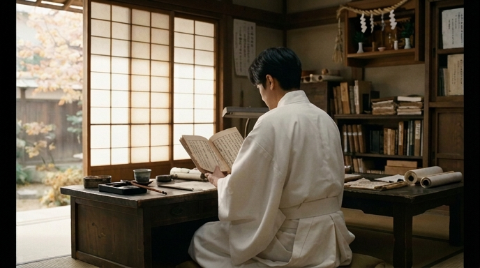 社務所で古事記を読む後ろ姿