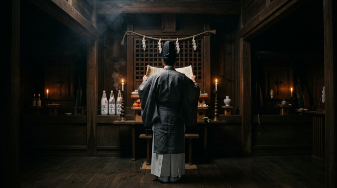 薄暗い拝殿で祝詞を読み上げる神職の後ろ姿