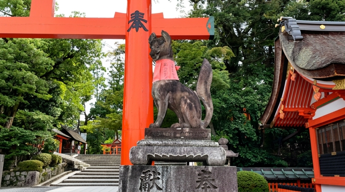 朱の鳥居の前に座り、玉をくわえた石造りの狐の像