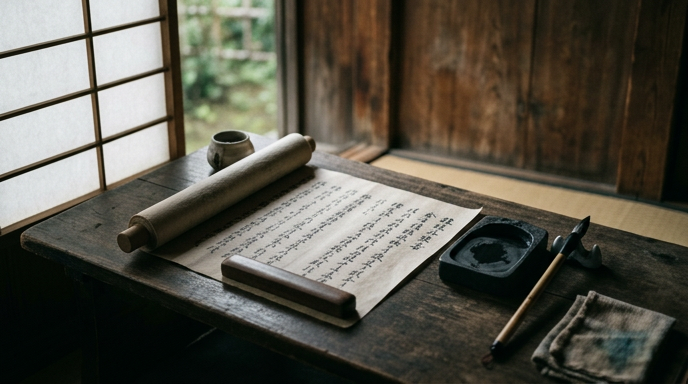 万葉集の時代を思わせる巻物と筆のある静かな机上の情景