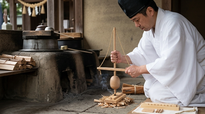 火切具で火を起こす神職の手元と、立ちのぼる煙