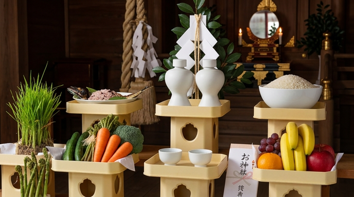 三方に載せられた米・酒・塩・水などの神饌
