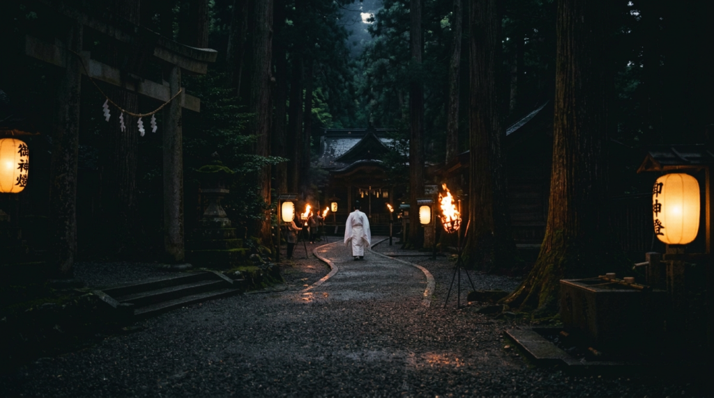松明と提灯の灯りに月明かりが重なる、夜の神社の境内
