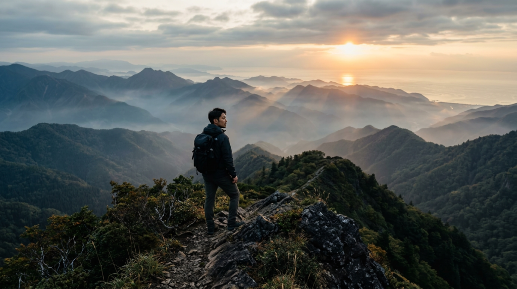 山の稜線に立つ後ろ姿の人影が、朝日に照らされる山並みと海を見渡している情景