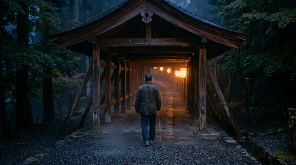 夕暮れの神社の回廊に立つ人の後ろ姿