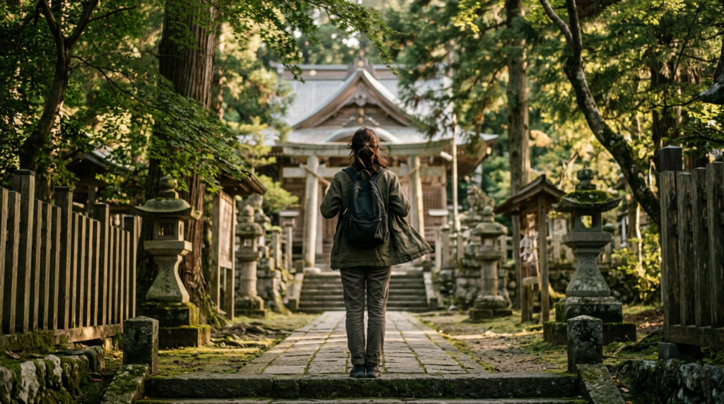 木々が揺れる神社の参道で、立ち止まって深呼吸をする人の後ろ姿