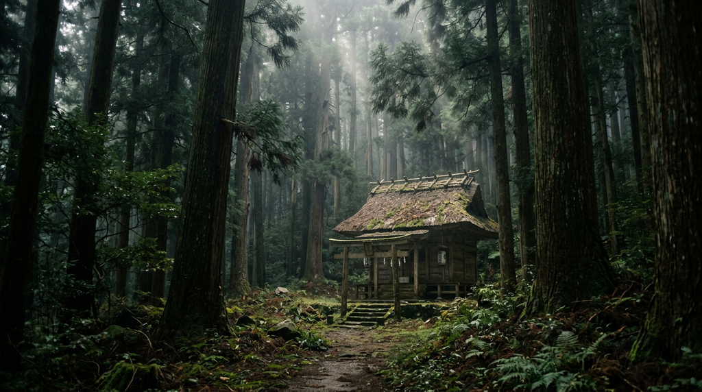 深い杉木立の中に佇む、風の神をお祀りする小さな社の遠景