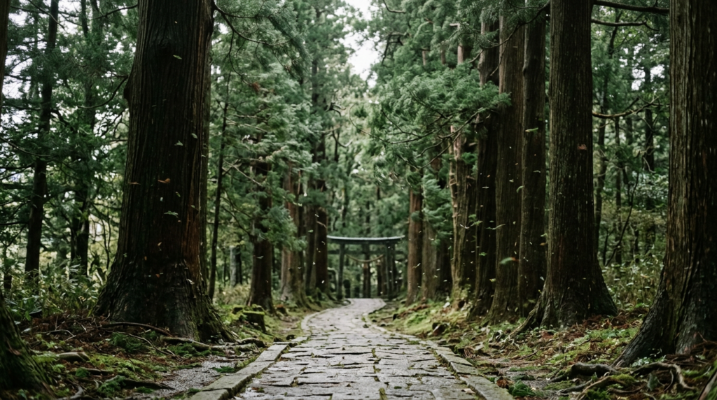 風に揺れる高い木々に囲まれた神社の参道