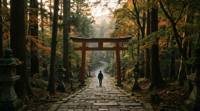 朝の光のなか、鳥居をくぐる参拝者の遠景シルエット
