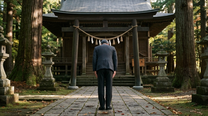 御神前で丁寧に一礼して帰っていくスーツ姿の男性の後ろ姿