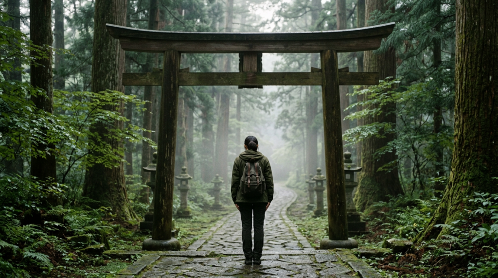 早朝の神社の鳥居の前で、後ろ姿の人が一礼している情景