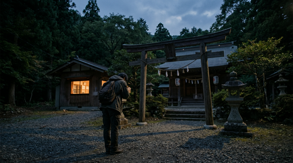夕暮れの小さな神社の社務所に灯りがともり、窓の外で人影が一礼している様子