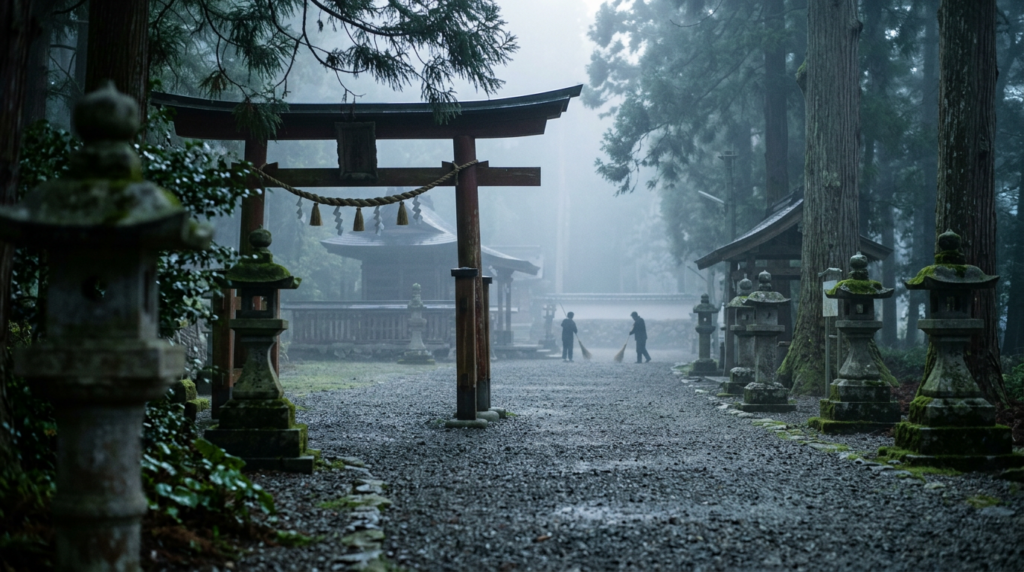 朝もやの境内で、遠くに二人の人影が掃除をしている小さな神社