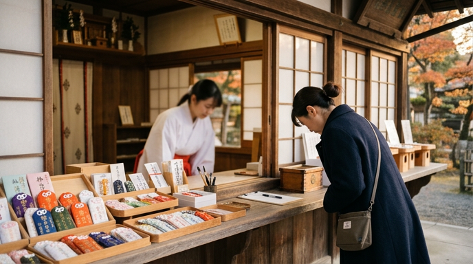 朝の光が差し込む神社の授与所と、頭を下げて帰る参拝者の後ろ姿