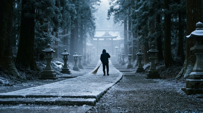 冬の朝、霜がおりた神社の参道に霧がかかる情景