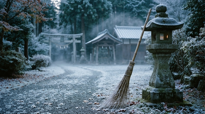 霜で白くなった参道に立てかけられた竹箒