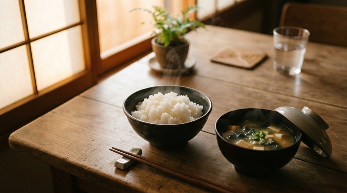 湯気の立つ一膳のご飯と味噌汁が並ぶ夕食の食卓