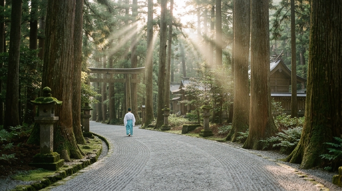 朝の光が差し込む神社の境内と整えられた参道