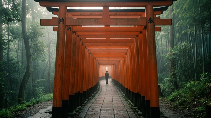 朝の光の中に続く朱い鳥居の参道