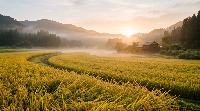 朝の光に照らされた実りの稲穂と田んぼの風景