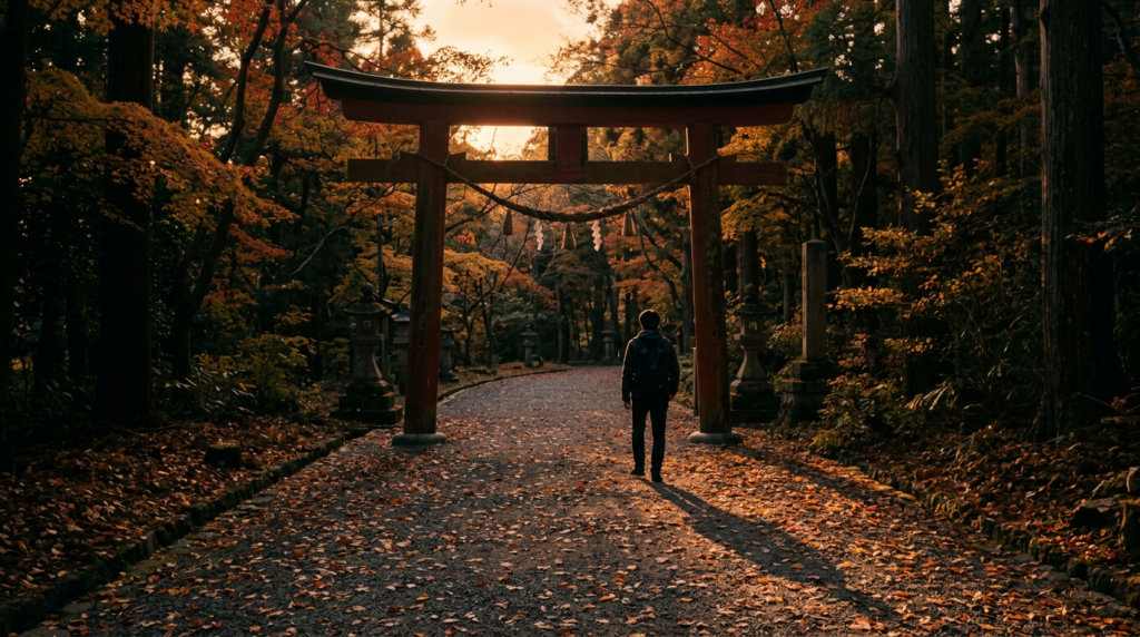 夕暮れの鳥居をくぐって歩き去る人の後ろ姿