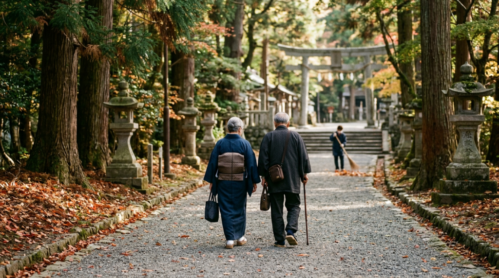 朝の参道を並んで歩く、老夫婦の後ろ姿