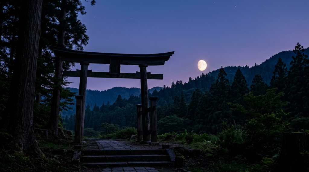 夕暮れの神社の鳥居の向こうに昇る、満ちる前の月