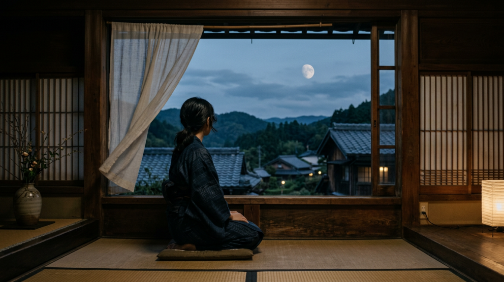 夕暮れの窓辺から、東の空の月を見上げる人の後ろ姿