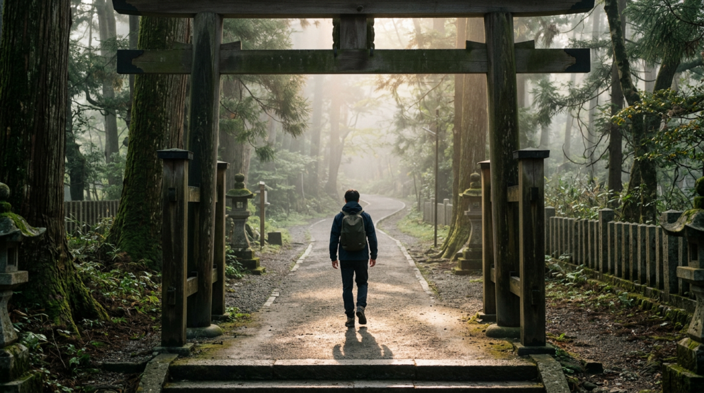 朝の光が差し込む深い森の中へ、まっすぐに続く一本の道