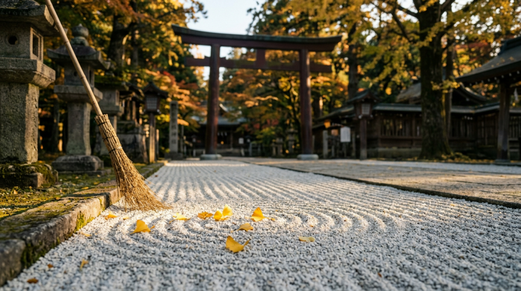 箒の跡が細く残る、掃き清められた玉砂利の参道