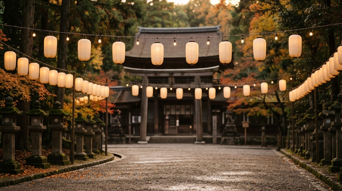 秋祭り前の神社の境内に、電球のコードに沿って並ぶ提灯
