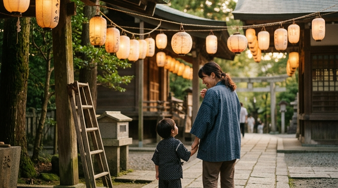 提灯の下に立つ子どもと大人の後ろ姿