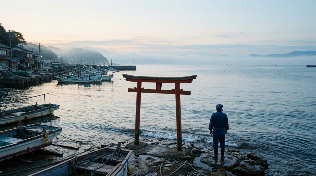 早朝の漁港の町と海に向かって立つ人の後ろ姿