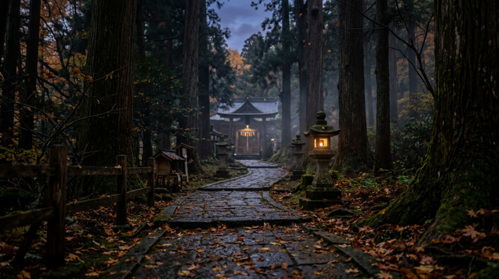 夕暮れの小さな神社の参道と石灯籠