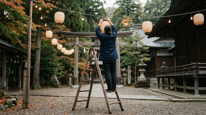 脚立に乗って提灯を取りつける氏子の後ろ姿