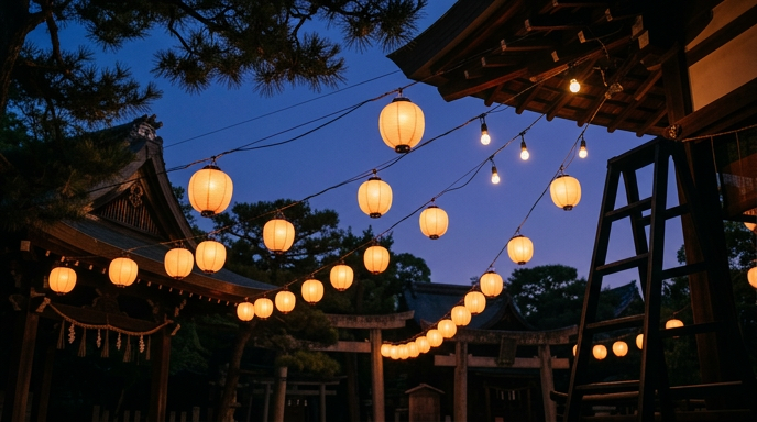 夕暮れの神社で提灯に灯りがともり、屋台の準備が進む境内