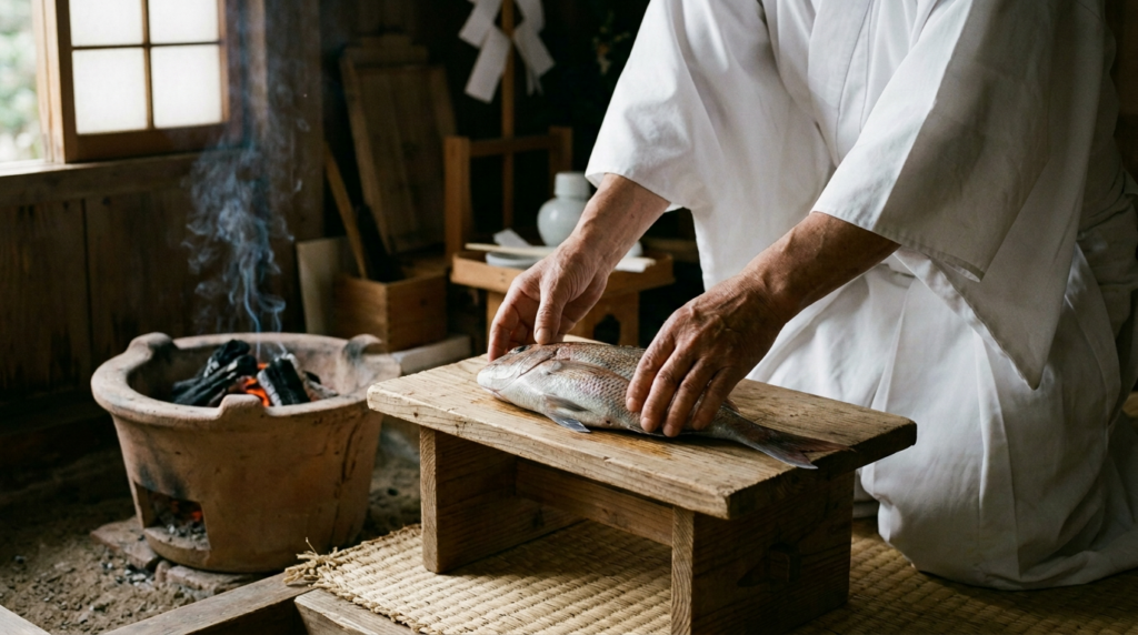 かまどの火のそばで、お供えの魚を白木の台に整える手元