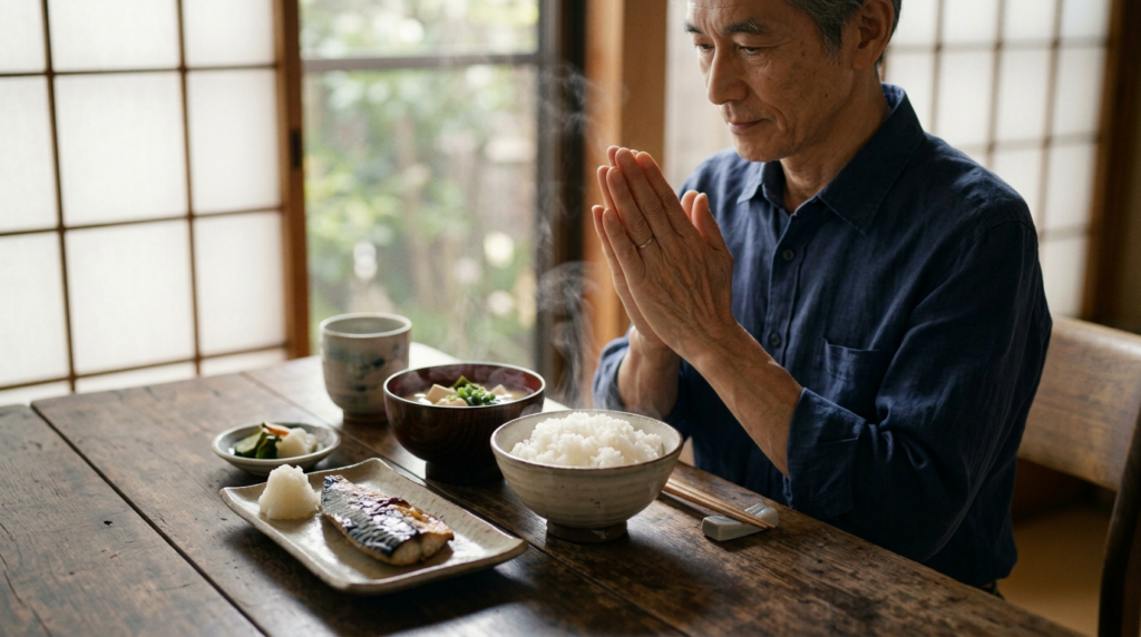 朝の光が差す食卓で、ご飯と味噌汁を前に手を合わせる手元