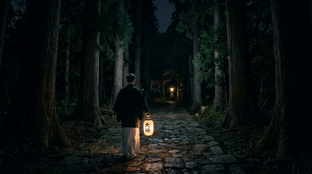 夜の参道を灯りを手に歩く人の後ろ姿