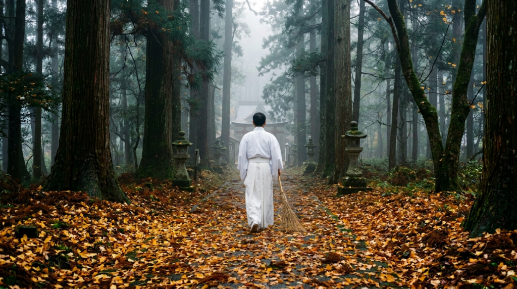 落ち葉が絨毯のように玉砂利を覆った、朝の神社の参道