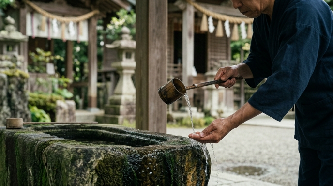 朝の手水舎で柄杓から手に水を受ける参拝者の手元